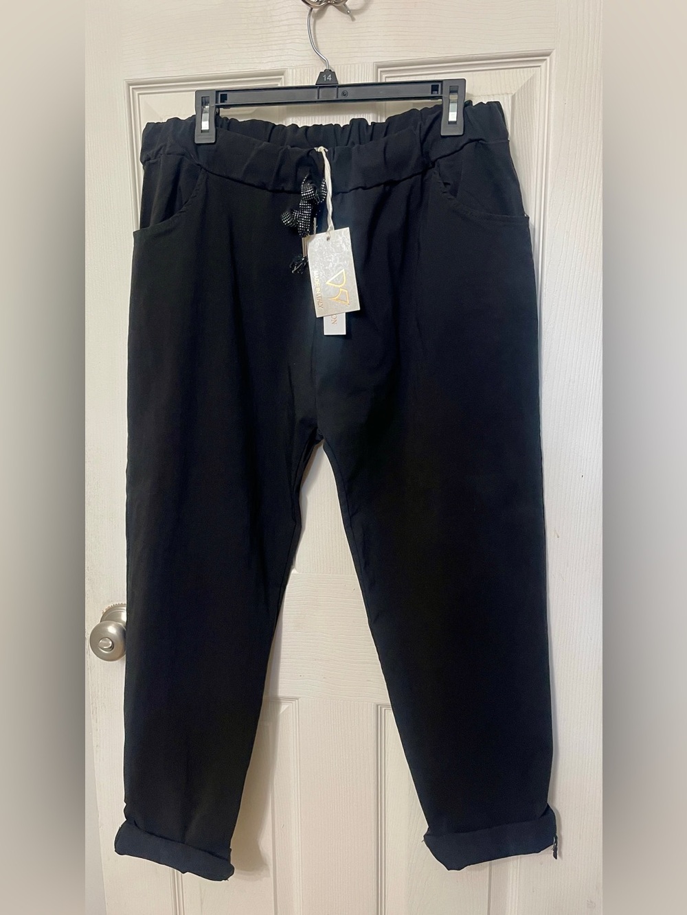 Made in Italy Viscose Blend Drawstring Black Straight Leg Pants OS (Sz 14-16)